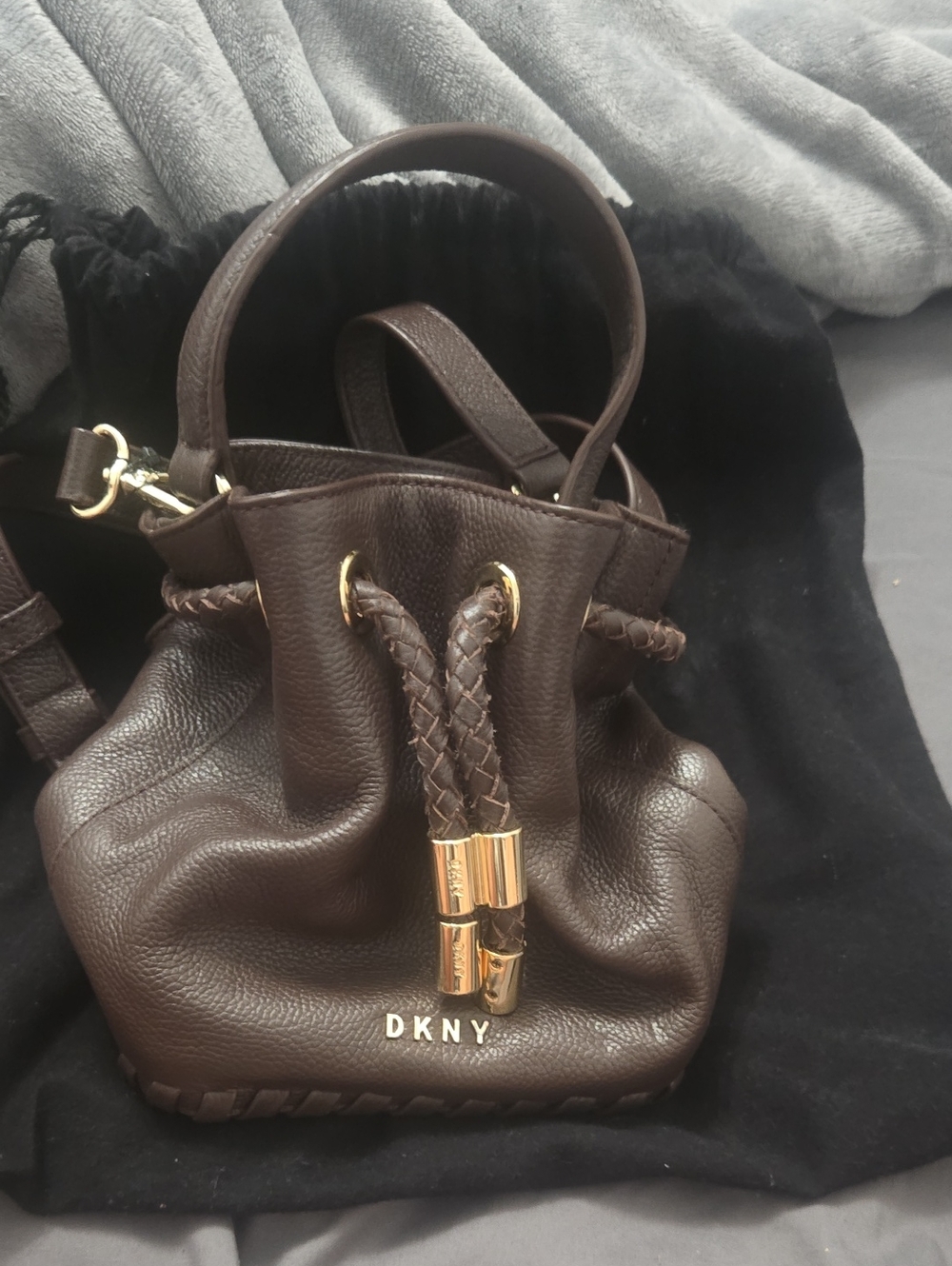 DKNY Dark Brown Pebbled Leather Mini Drawstring Bucket Bag with Gold Hardware